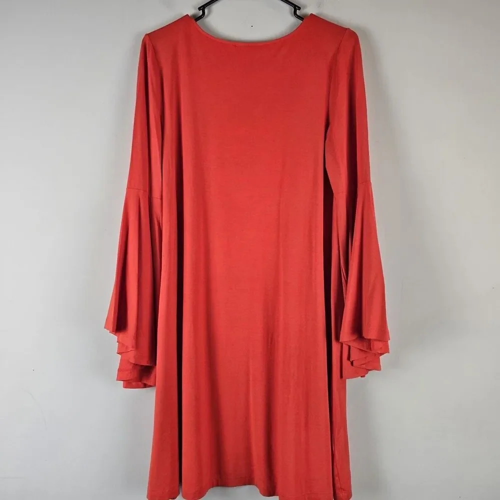 LOFT Womens Dress Size Small‎ Orange Swing Dress Long Bell Sleeve V-Neck.C145 - Picture 7 of 11